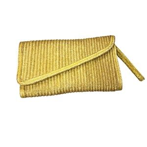 Vintage Collectables Woven Straw Jute Yellow Clutch Envelope Bag Handle Boho